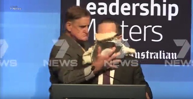 Watch: Qantas airline chief hit with pie in face during speech